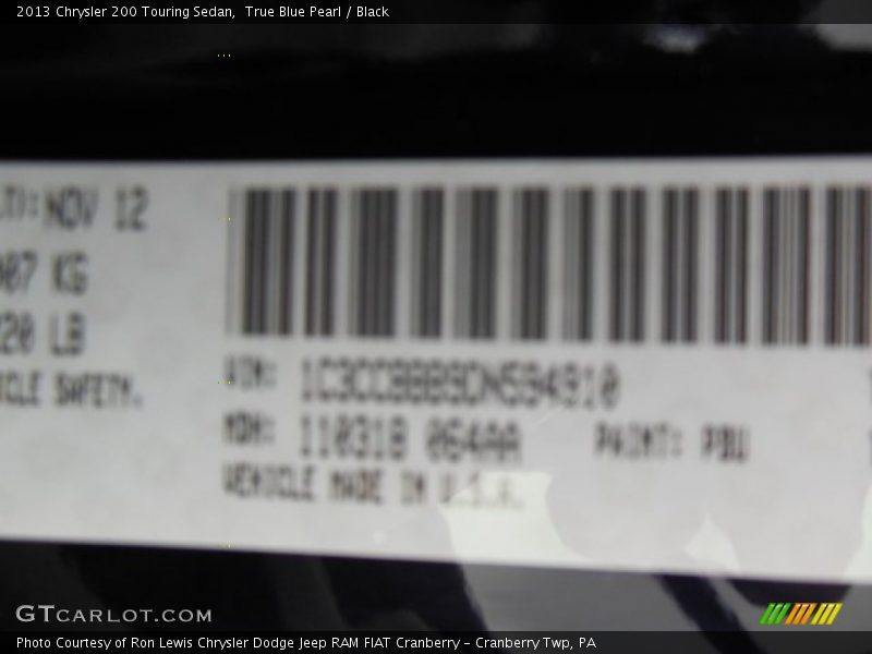 True Blue Pearl / Black 2013 Chrysler 200 Touring Sedan