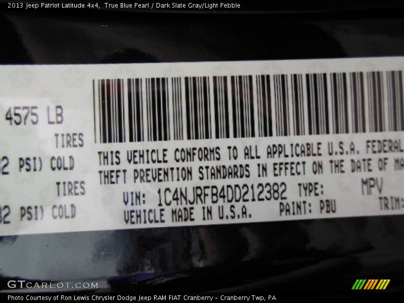 True Blue Pearl / Dark Slate Gray/Light Pebble 2013 Jeep Patriot Latitude 4x4