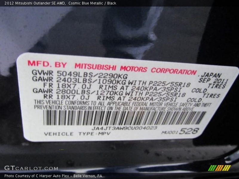 Cosmic Blue Metallic / Black 2012 Mitsubishi Outlander SE AWD