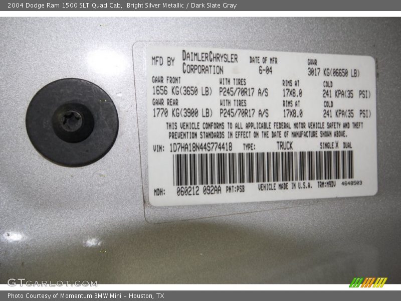 Bright Silver Metallic / Dark Slate Gray 2004 Dodge Ram 1500 SLT Quad Cab