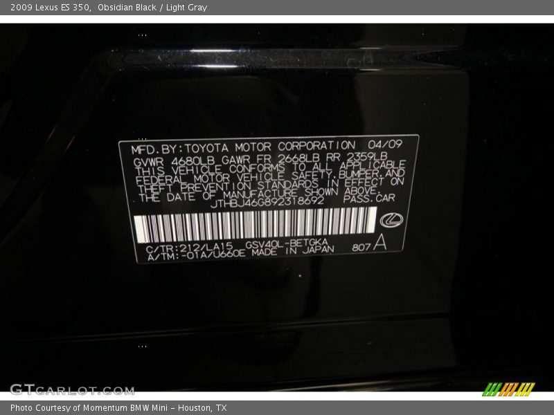 Obsidian Black / Light Gray 2009 Lexus ES 350