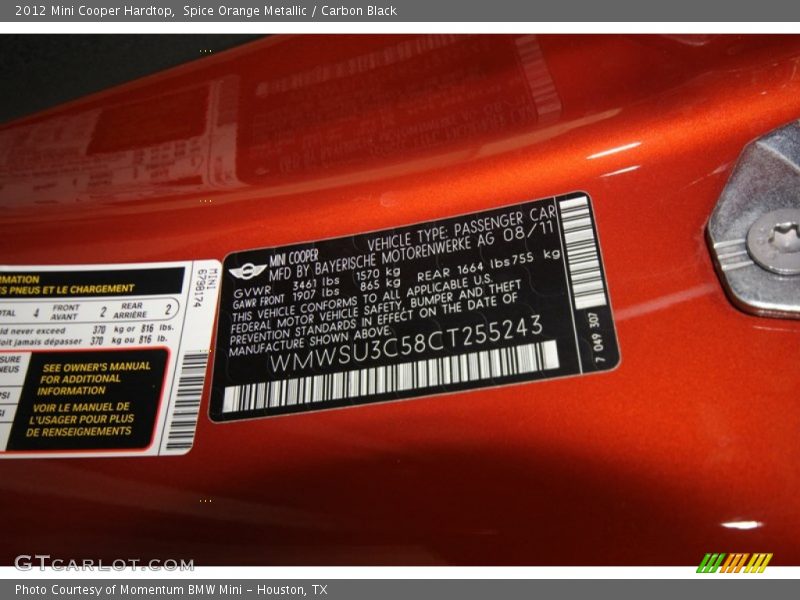 Spice Orange Metallic / Carbon Black 2012 Mini Cooper Hardtop