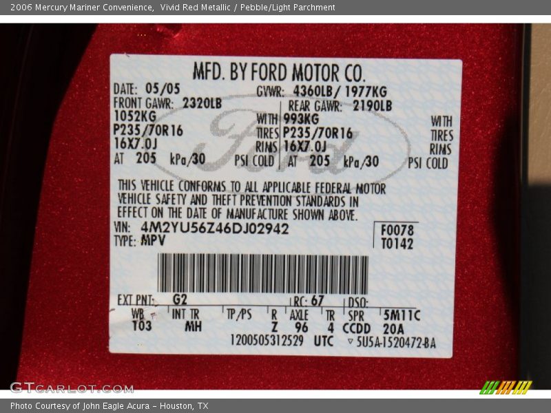 Vivid Red Metallic / Pebble/Light Parchment 2006 Mercury Mariner Convenience