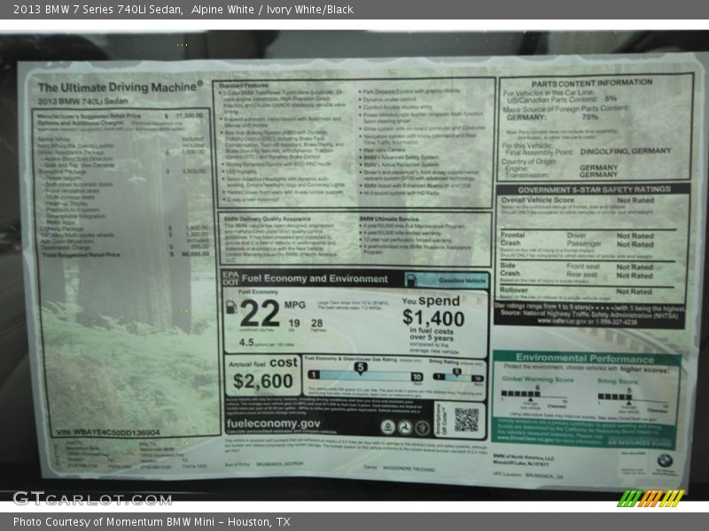  2013 7 Series 740Li Sedan Window Sticker