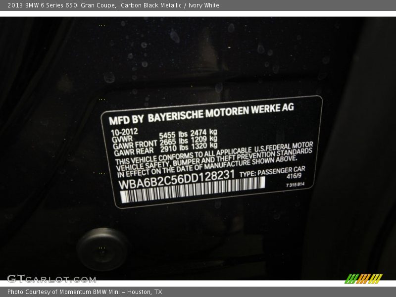2013 6 Series 650i Gran Coupe Carbon Black Metallic Color Code 416