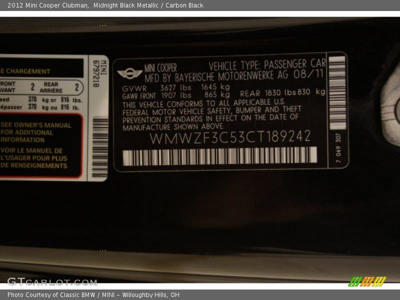 Midnight Black Metallic / Carbon Black 2012 Mini Cooper Clubman