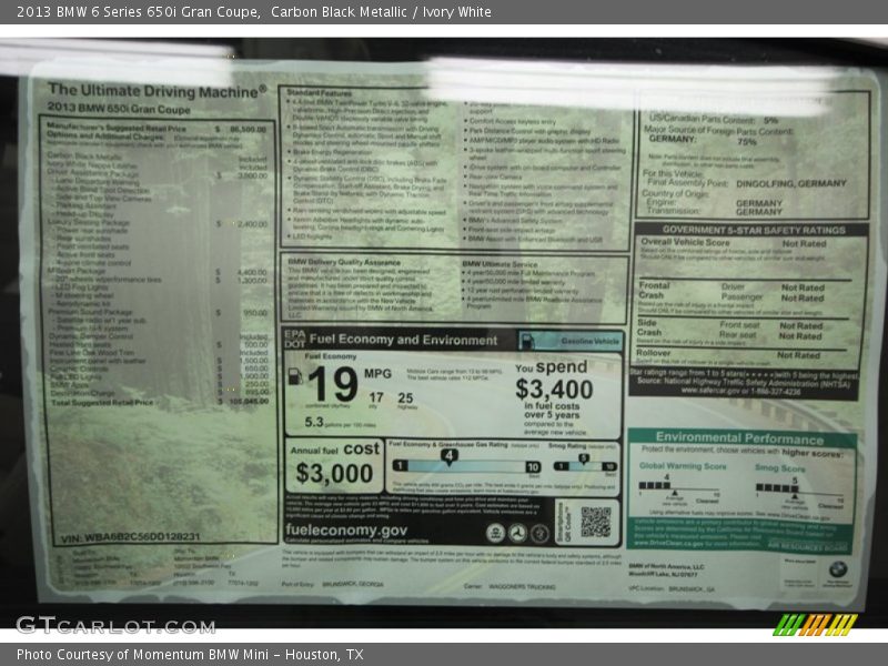  2013 6 Series 650i Gran Coupe Window Sticker