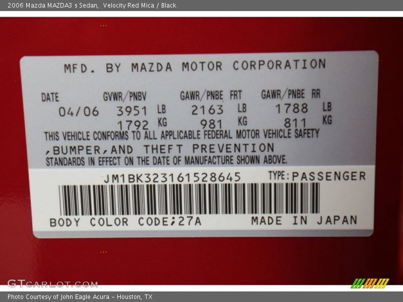 2006 MAZDA3 s Sedan Velocity Red Mica Color Code 27A