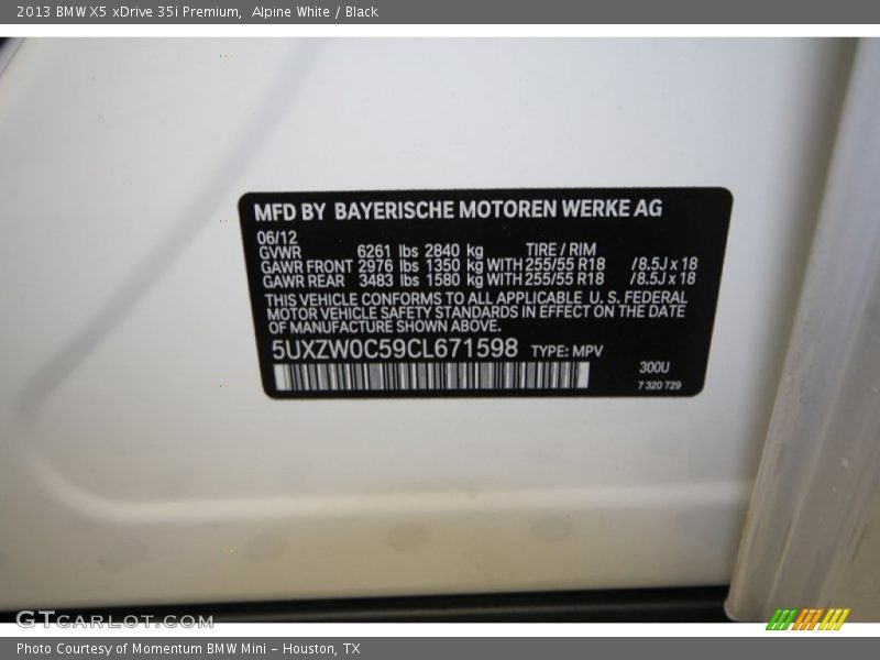 2013 X5 xDrive 35i Premium Alpine White Color Code 300