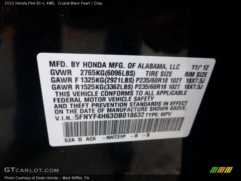 2013 Pilot EX-L 4WD Crystal Black Pearl Color Code NH731P