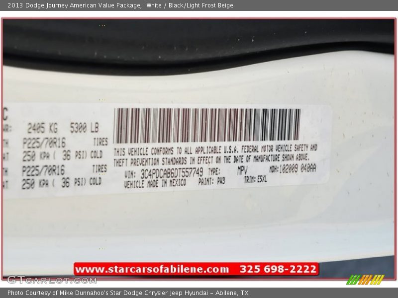 White / Black/Light Frost Beige 2013 Dodge Journey American Value Package