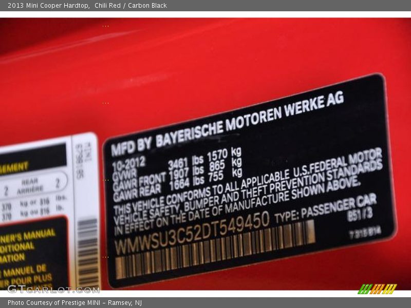 Chili Red / Carbon Black 2013 Mini Cooper Hardtop