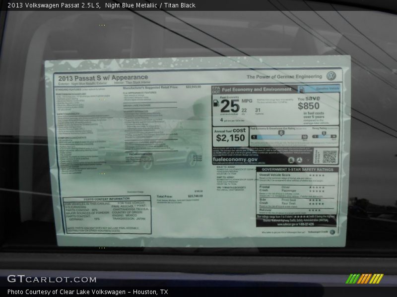 Night Blue Metallic / Titan Black 2013 Volkswagen Passat 2.5L S