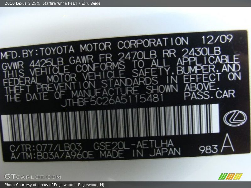 Starfire White Pearl / Ecru Beige 2010 Lexus IS 250