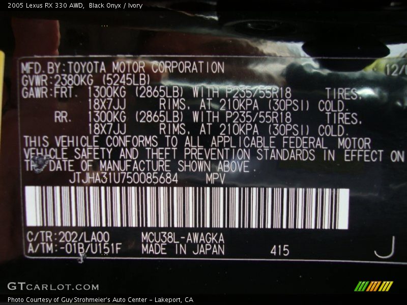 2005 RX 330 AWD Black Onyx Color Code 202