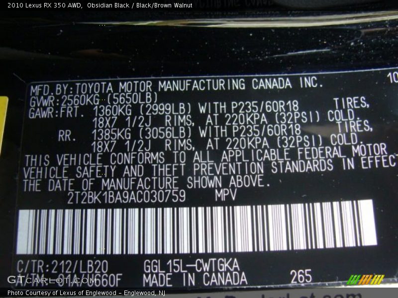 Obsidian Black / Black/Brown Walnut 2010 Lexus RX 350 AWD