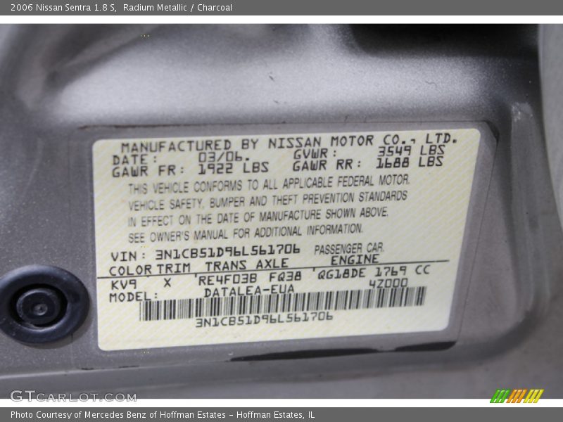 2006 Sentra 1.8 S Radium Metallic Color Code KV9