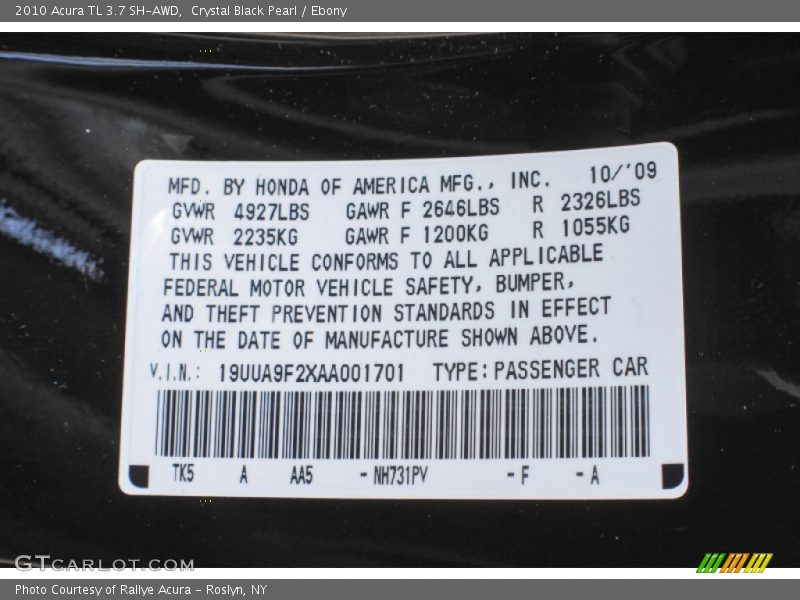 Crystal Black Pearl / Ebony 2010 Acura TL 3.7 SH-AWD