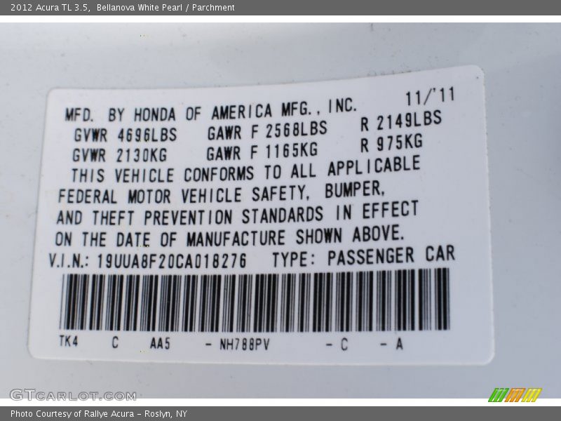 Bellanova White Pearl / Parchment 2012 Acura TL 3.5
