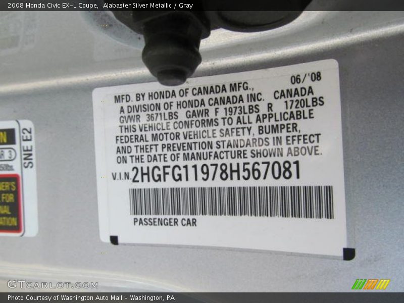 Alabaster Silver Metallic / Gray 2008 Honda Civic EX-L Coupe