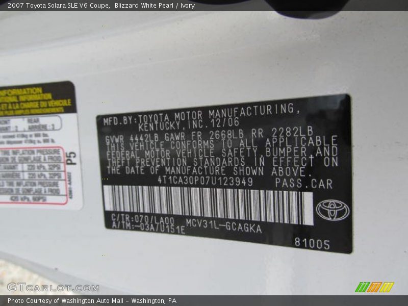 Blizzard White Pearl / Ivory 2007 Toyota Solara SLE V6 Coupe