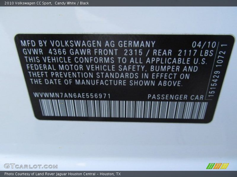 Candy White / Black 2010 Volkswagen CC Sport