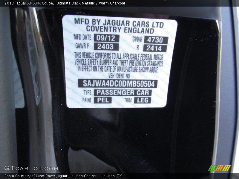 2013 XK XKR Coupe Ultimate Black Metallic Color Code PEL