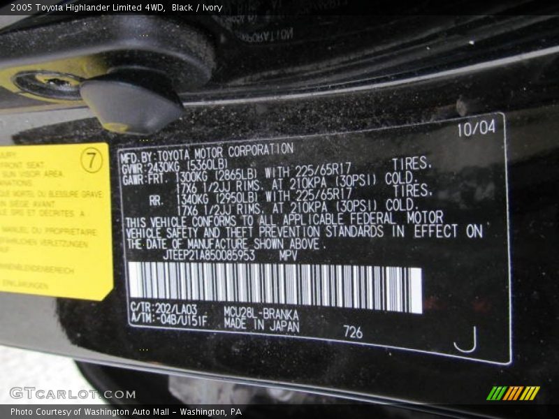 2005 Highlander Limited 4WD Black Color Code 202