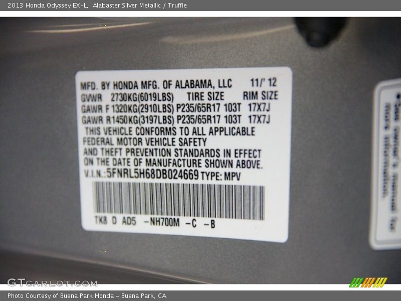 Alabaster Silver Metallic / Truffle 2013 Honda Odyssey EX-L