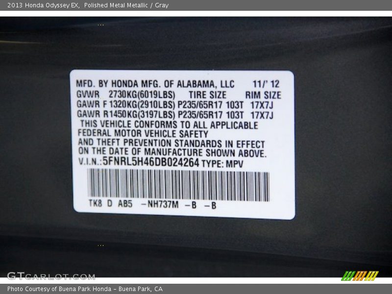 Polished Metal Metallic / Gray 2013 Honda Odyssey EX