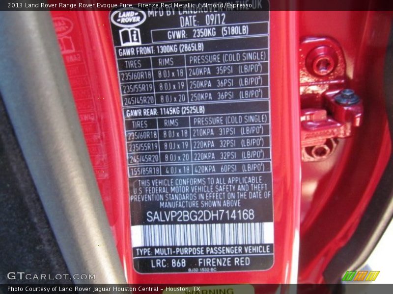 2013 Range Rover Evoque Pure Firenze Red Metallic Color Code 868