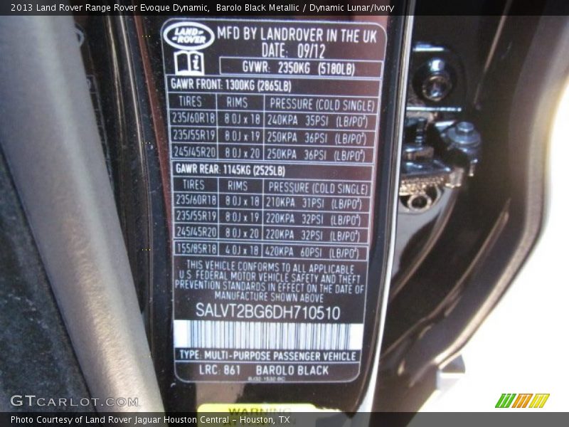 2013 Range Rover Evoque Dynamic Barolo Black Metallic Color Code 861