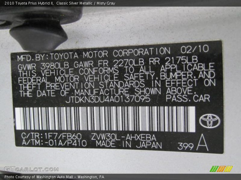 2010 Prius Hybrid II Classic Silver Metallic Color Code 1F7