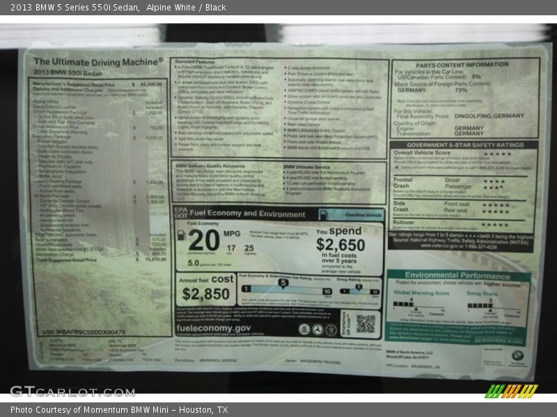 Alpine White / Black 2013 BMW 5 Series 550i Sedan