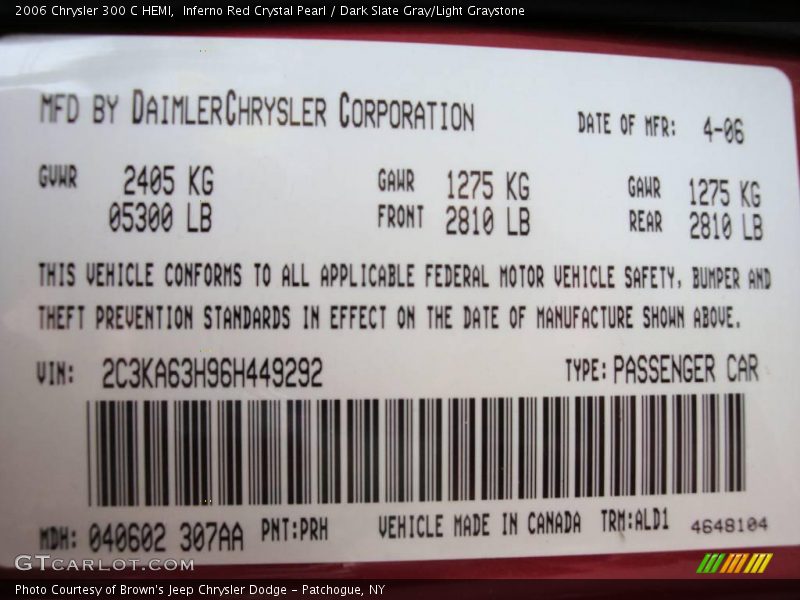 Inferno Red Crystal Pearl / Dark Slate Gray/Light Graystone 2006 Chrysler 300 C HEMI