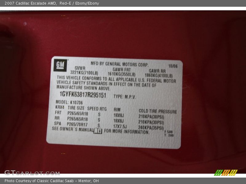 Red-E / Ebony/Ebony 2007 Cadillac Escalade AWD