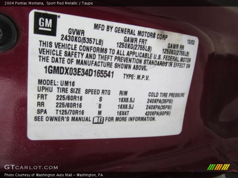 Sport Red Metallic / Taupe 2004 Pontiac Montana