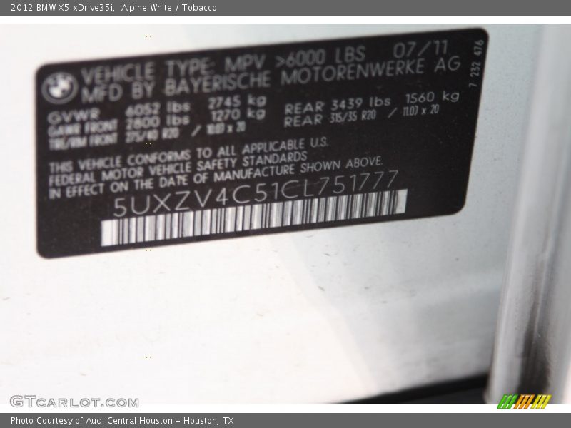 Alpine White / Tobacco 2012 BMW X5 xDrive35i