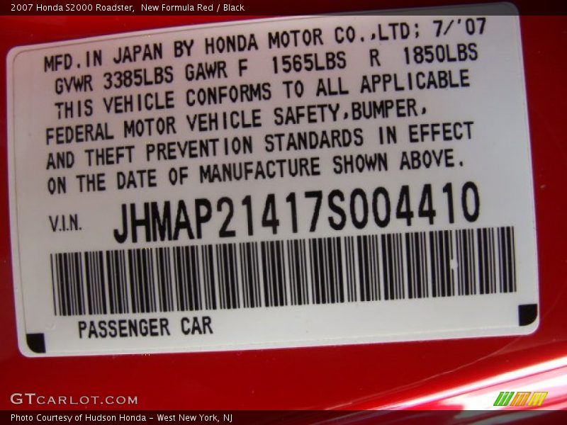 New Formula Red / Black 2007 Honda S2000 Roadster