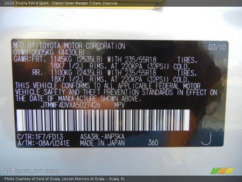 2010 RAV4 Sport Classic Silver Metallic Color Code 1F7