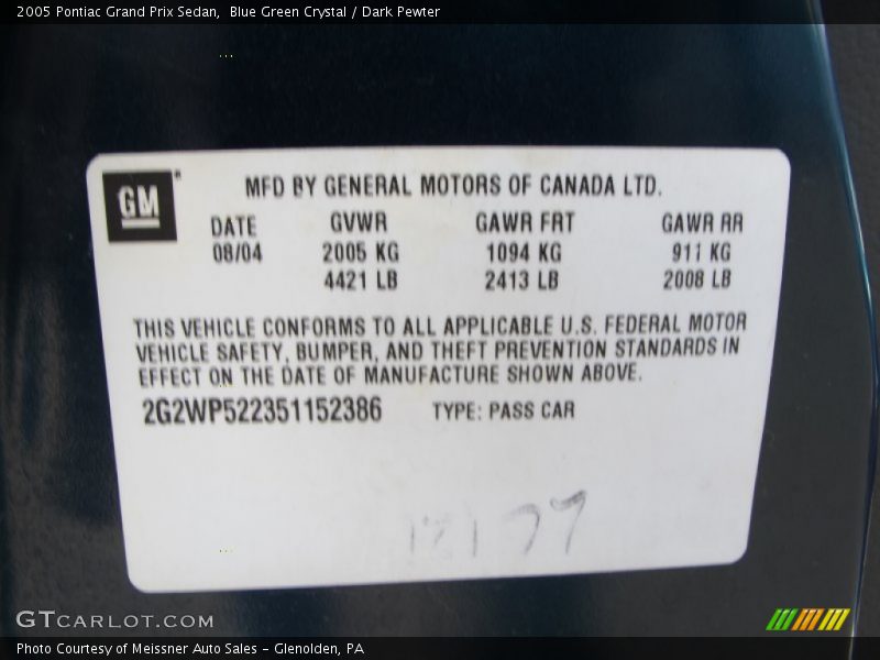 Blue Green Crystal / Dark Pewter 2005 Pontiac Grand Prix Sedan