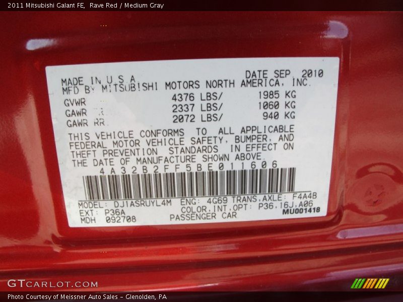 Rave Red / Medium Gray 2011 Mitsubishi Galant FE