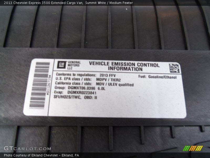 Info Tag of 2013 Express 3500 Extended Cargo Van