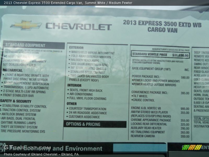  2013 Express 3500 Extended Cargo Van Window Sticker