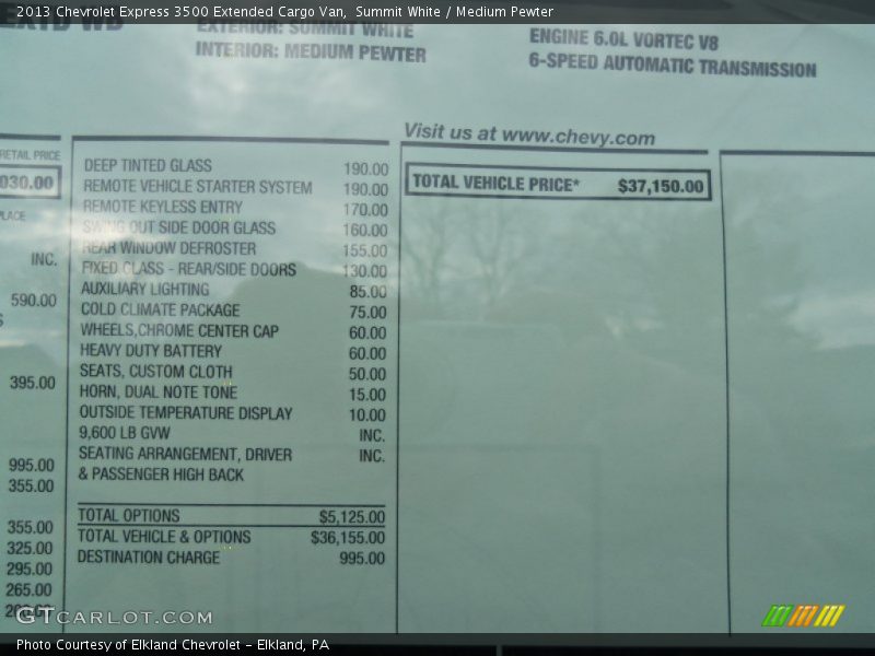  2013 Express 3500 Extended Cargo Van Window Sticker