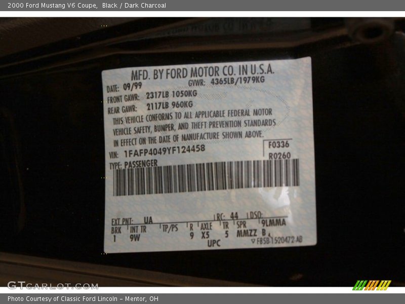 2000 Mustang V6 Coupe Black Color Code UA