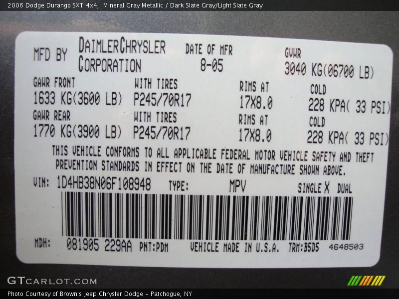 Mineral Gray Metallic / Dark Slate Gray/Light Slate Gray 2006 Dodge Durango SXT 4x4