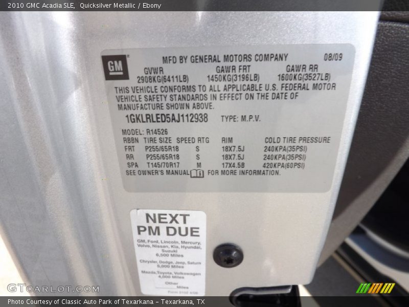 Quicksilver Metallic / Ebony 2010 GMC Acadia SLE