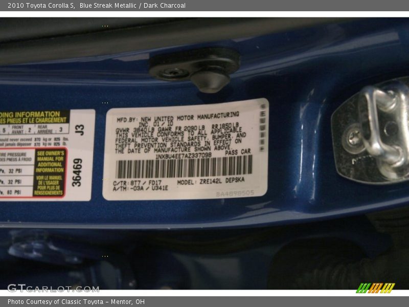 2010 Corolla S Blue Streak Metallic Color Code 8T7