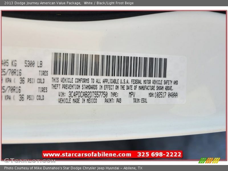 White / Black/Light Frost Beige 2013 Dodge Journey American Value Package
